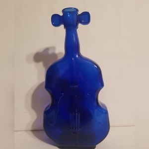 Vintage Cobalt Blue Glass Bottle Violin Shaped 8" Tall Decanter Fiddle, #5